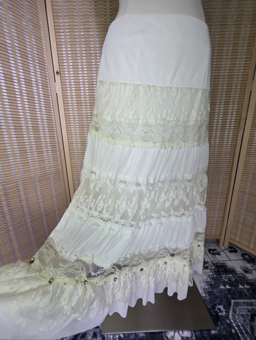 Lovely Ivory Romantic Ruffle & Lace Tiered Flowy Skirt with Rhinestones & Pearls